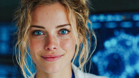 A beautiful young scientist in a lab coat smiles confidently in a bright modern laboratory setting.の素材