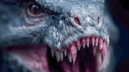 Close-up of a fierce reptilian creature with sharp teeth and textured scales, mouth wide open in a threatening display.の素材