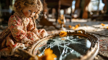 A vintage doll sitting on a broken mirror, surrounded by debris and bathed in warm, soft sunlight.の素材