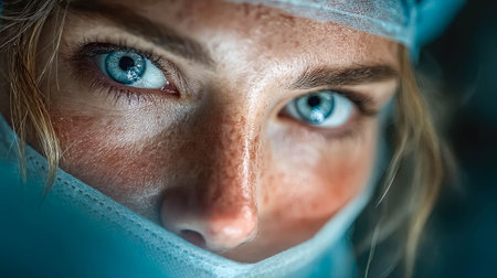 Intense close-up of a surgeon's focused blue eyes, partially covered by a mask and surgical cap under sterile lighting.の素材