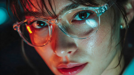 Young female scientist working in a bright modern laboratory with test tubes and high-tech equipment.の素材