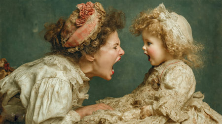 Vintage-styled woman screaming at an antique doll, both with shocked expressions, intense emotional contrast.の素材