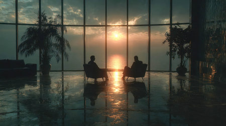 Photorealistic business meeting between two men in suits, standing and talking in a bright modern office environment.の素材