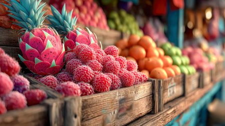 Colorful fruit baskets arranged neatly at a market stall, with vibrant lighting and fresh produce.の素材