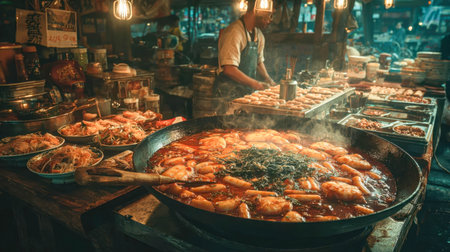 Korean street vendor stirring spicy food in a steaming wok surrounded by dishes at a night market.の素材