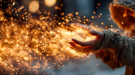 A cloaked figure holds glowing particles of golden light in their hands, radiating warmth and mystery in a fantasy setting.の素材
