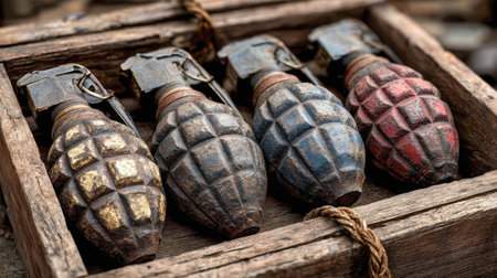 A wooden crate holding rusted hand grenades painted in different colors, symbolizing conflict, history, and decay.の素材