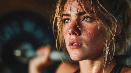 Focused woman lifting a barbell during intense gym workout, sweat on face, strength and determination in her eyes.の素材