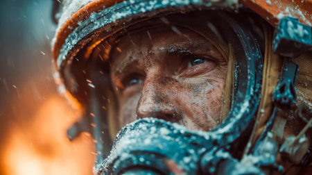 Intense close-up of a firefighter's face covered in sweat and ash, surrounded by flames and snow.の素材