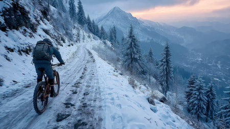 Cyclist rides a mountain bike along a snowy forest trail at sunrise, surrounded by frosted trees.の素材