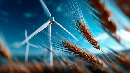 lose-up of golden wheat swaying in front of wind turbines under a vivid blue sky, symbolizing the blend of agriculture and renewable energy.の素材