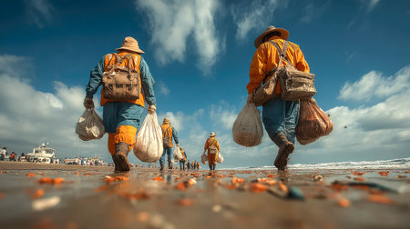 Volunteers in bright suits collecting garbage from the shoreline, reflected in calm water during cleanup activity.の素材