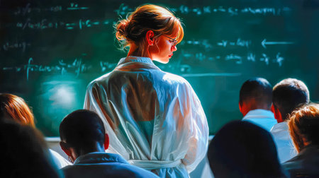 Stylish female teacher in white lab coat standing before students with chalkboard formulas in the background, classroom lit by artistic lighting.の素材
