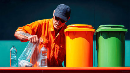 Worker in reflective gear sorting brightly colored recycling bins outdoors in an urban environment.の素材