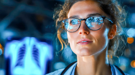 Confident female doctor with glasses standing in front of illuminated x-ray screen in a clinical environment.の素材