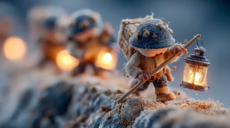 Miniature miners working inside a detailed underground tunnel with warm lantern lights.の素材