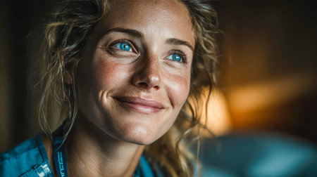 Close-up of a smiling nurse in a hospital room, exuding warmth and professionalism with patient care monitors in the background.の素材