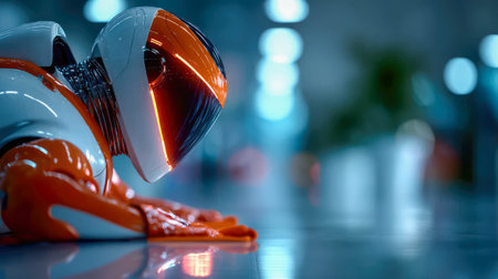 High-tech humanoid robot with a blue helmet cleaning a glossy floor in a futuristic interior with reflections.の素材