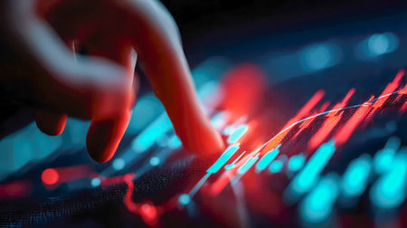 Close-up of a hand interacting with a glowing digital screen showing red and blue stock market graphs and analytics in a futuristic interface.の素材