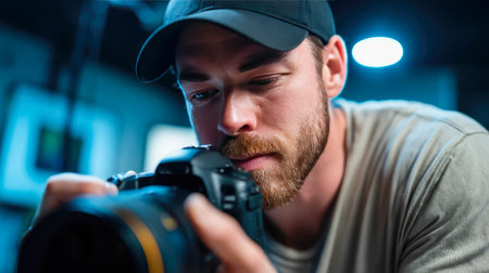 Focused young man in a cap inspecting his DSLR camera in a softly lit indoor studio setup.の素材