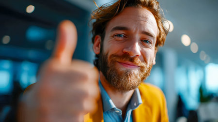 Cheerful young businessman giving a thumbs up in a modern office setting, showing approval and positivity.の素材