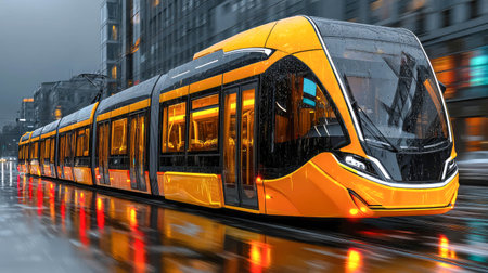 Futuristic electric bus on wet street at night with orange neon lights reflecting on the road.の素材