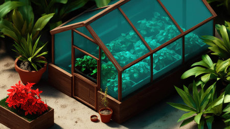 Bright blue greenhouse with red flowers and lush green plants, bathed in vivid natural sunlight in a cozy backyard setting.の素材