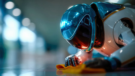 High-tech humanoid robot with a blue helmet cleaning a glossy floor in a futuristic interior with reflections.の素材