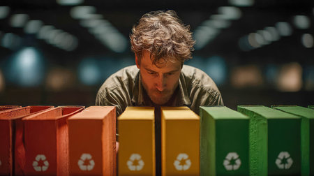 Sanitation worker in orange uniform sorts plastic waste into recycling bins, promoting environmental responsibility and clean urban practices.の素材