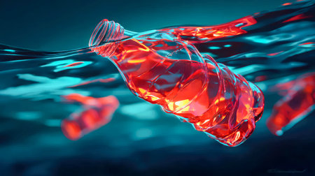 Vivid red plastic bottle floating in blue ocean waters, highlighting pollution and environmental awareness.の素材