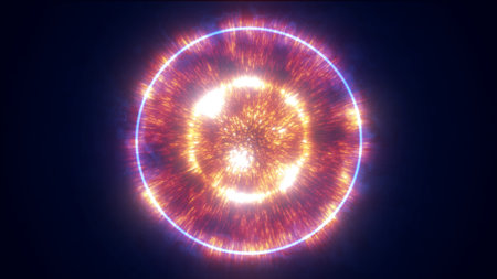 Abstract multilayer energy core with glowing rings and shockwave effect, representing powerful...