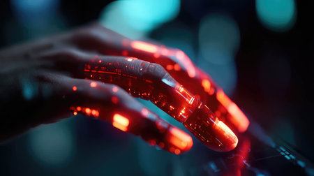Human hand interacting with glowing digital screen, emitting sparks in futuristic dark setting.の素材