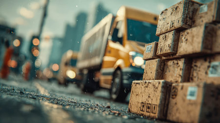 Wet cardboard boxes stacked on a rainy urban street with blurred delivery trucks and city buildings in the background.の素材