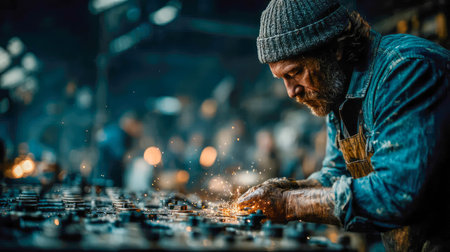 Close-up of hands assembling metal parts in an industrial workshop, illuminated by soft glowing sparks and blue ambient light.の写真素材