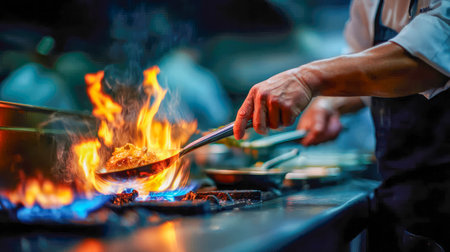 Chefs hands stir food in a flaming pan in a professional kitchen, dramatic lighting and action.の写真素材