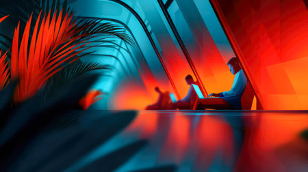 Artistic digital illustration of professionals working at laptops in a neon-lit office at night with futuristic lighting.の写真素材