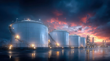 Large chemical storage tanks at a refinery, glowing lights reflect on water under a foggy night sky.