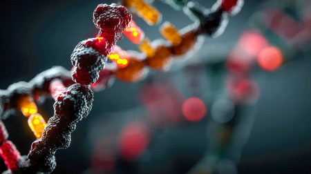 Abstract close-up of a colorful DNA structure glowing with illuminated nodes, symbolizing futuristic bioengineering.の写真素材