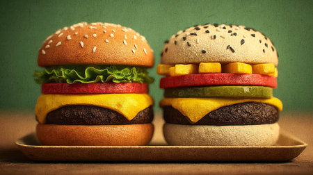 Two toy-style burgers with exaggerated textures and vibrant layers resembling fast food on a tray.の写真素材