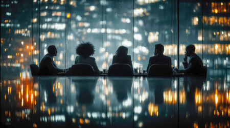 Group of professionals in a modern office seen through a window at night with city lights and...