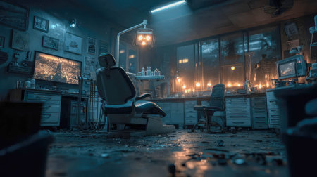 Dark and cinematic abandoned dental clinic scene with eerie lighting, dusty tools, and a moody...