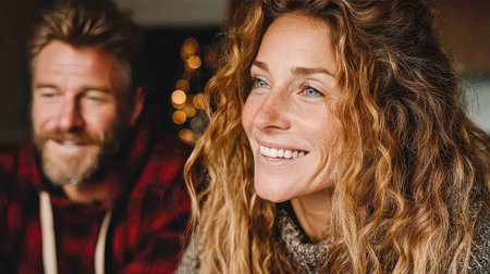 Bright, candid photo of a smiling couple in warm sweaters indoors, showing joy and connection during a cozy moment.の素材