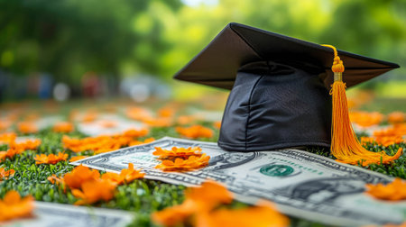Graduation cap placed on a stack of US dollar bills, representing student debt, educational investment, and academic achievement.の素材