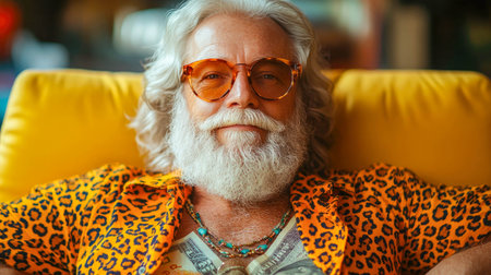 Stylish elderly man with white beard and orange glasses relaxing in a colorful outfit, exuding confidence and eccentric charm.の素材