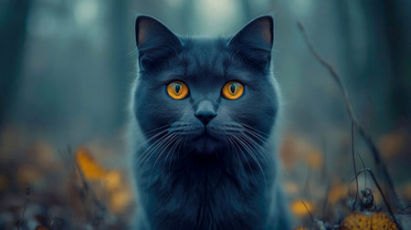 Black cat with glowing amber eyes standing in a rainy night scene, surrounded by soft fog and street lights.の素材