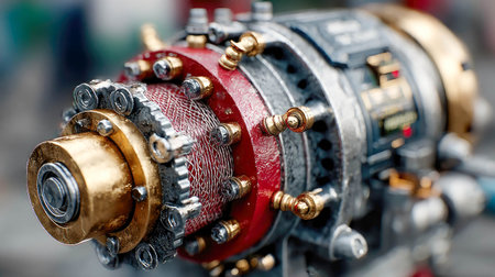 Highly detailed close-up of an electric motor showing intricate coils, connectors, and precision components.の素材