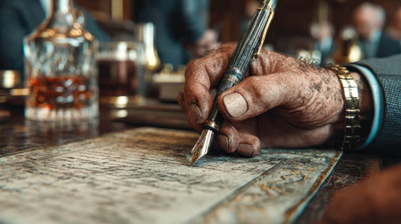 Elderly man signs documents in a luxurious courtroom, dressed formally, suggesting wealth, legacy, and legal affairs.の素材