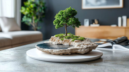 Artistic miniature tree planted on a stone slab with water, displayed on a rotating platform in a modern interior.の素材