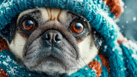 Close-up of a pug in blue knit hat and scarf surrounded by falling snow, with large sad eyes.の素材
