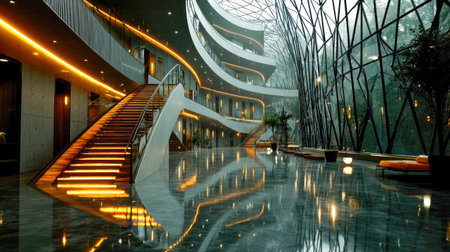 A spacious glass-ceiling hall with plants, couches, and reflections creates a peaceful modern lounge atmosphere.の素材